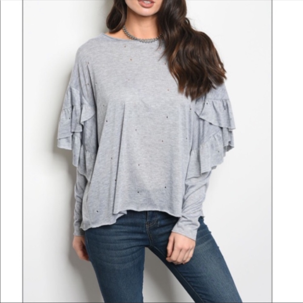 New Heather Gray Long sleeve Ruffle top